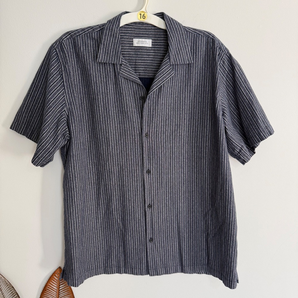 Saturdays New York City Mens XL Navy Blue Striped Camp Collar Short Sleeve Shirt